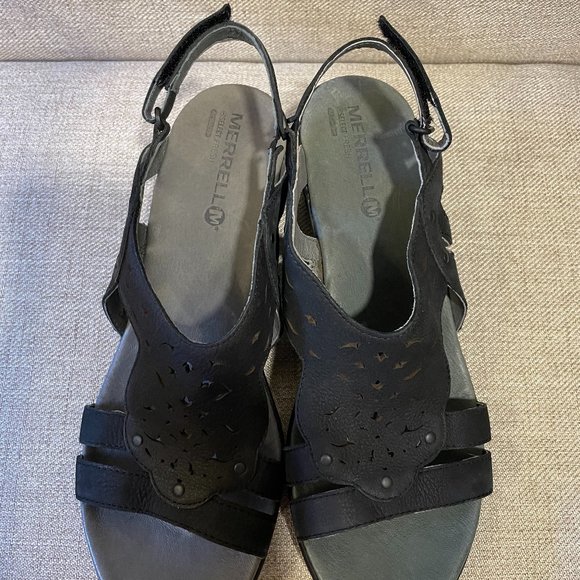 MERRELL "Veranda" Wedge Ankle Strap Sandal, Black Leather - 10 - Picture 1 of 14